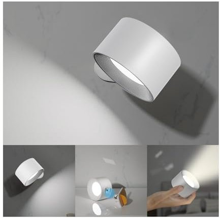Koopala 1 Applique murale LED avec pile rechargeable, 3 niveaux de luminosité, port de charge USB, rotation à 360°, lampe murale sans fil pour la lecture, le travail, l'étude, la table de chevet