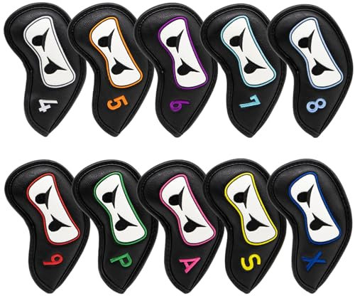 Golf Iron Headcover 10pcs/Set Wedge Cover Golf Iron Club Cover Premium Leather Golf Club Iron Covers with Velcro Closure Lucky Clover Birdie (Ninja)