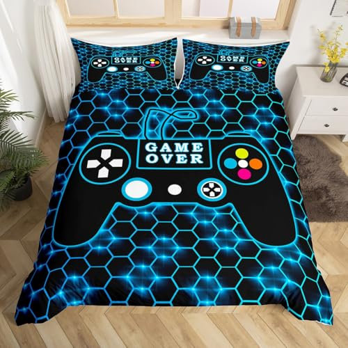 Homemissing Gamer Housse de Couette Ados Gaming Parure de Lit 200x200cm Gamepad Jeu Vidéo Literie Housse de Couette pour Enfants Garçons Chambre Décor Contrôleur de Jeu Géométrie Bleue 3 pièces