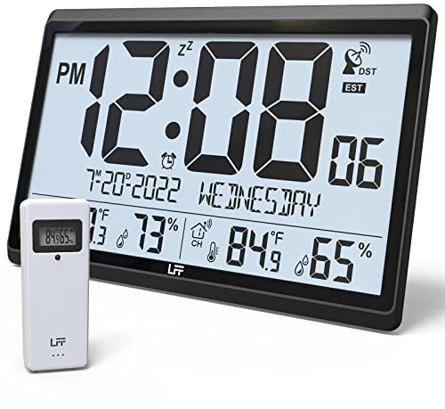 LFF Atomic Clock/Never Needs Setting, Battery Operated, Atomic Wall Clock with Indoor/Outdoor Temperature & Humidity, Wireless Outdoor Sensor, 15 Digital Wall Clock with 4.5 Numbers Easy-to-Read