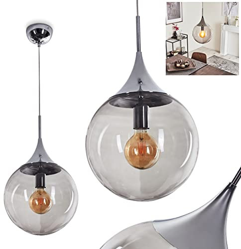 Hängeleuchte Calvisi, 1-flammige Hängelampe aus Metall/Glas in Chromfarben/Rauchfarben, Vintage/Retro Design mit Schirm aus Rauchglas, Höhe max. 151 cm, 1 x E27, ohne Leuchtmittel