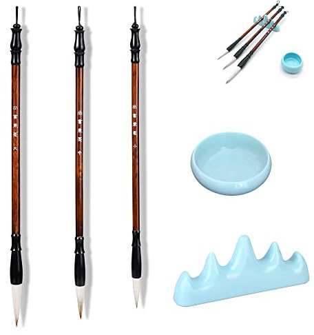 XCSJ 5pcs Pinceau De Calligraphie Chinoise Kanji Japonais Sumi Ensemble Avec 3 Brosse Chinoise Pinceau De Calligraphie, 1 Support-Pinceau, 1 Bol d'Eau, Peinture Kanji Outils De Calligraphie (5)