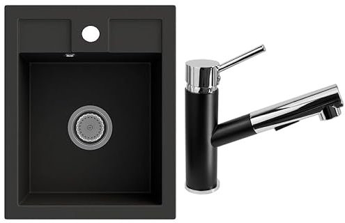 LINDBERGH® Küchen Granit-Spüle Schwarz MON44 + Armatur 1-Nero inkl. Siphon, Verbundstoffe Made in Germany, Spülen Küche Küchenspüle Spülbecken Kitchen Sinks Einbauspüle, inkl. Imprägnierung