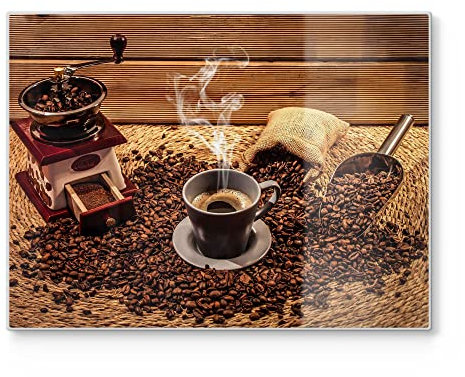 DEQORI Schneidebrett aus Glas | groß 40x30 cm | Motiv Von der Bohne zum Kaffee | Design Schneideplatte für Küche | Frühstücksbrett antibakteriell & rutschfest | Glasplatte & Servierplatte