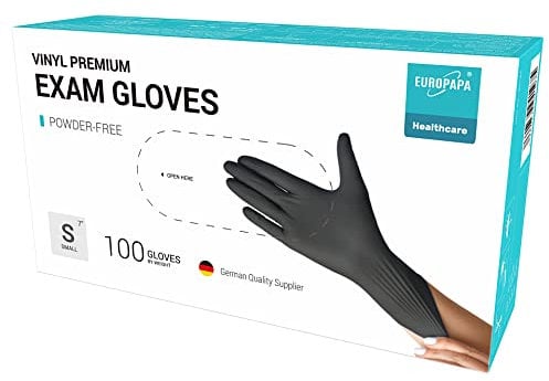 EUROPAPA® 100x Vinylhandschuhe Einweghandschuhe Untersuchungshandschuhe Einmalhandschuhe latexfrei puderfrei Vinyl Handschuhe in Gr. S, M, L & XL verfügbar (Schwarz Premium, S)