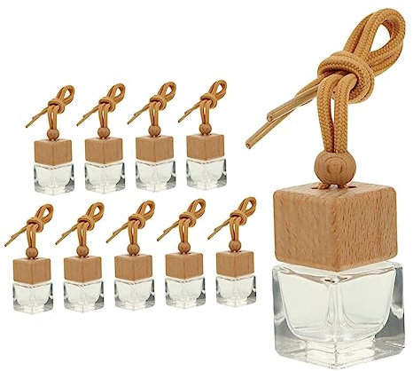 SUPVOX 10pcs Empty Wooden Bottle with Square Lid Car Glass Perfume Bottle Car Hanging Diffuser Bottle Essential Oil Air Freshener Car Essential Oil Diffuser Filling Fragrance Cotton