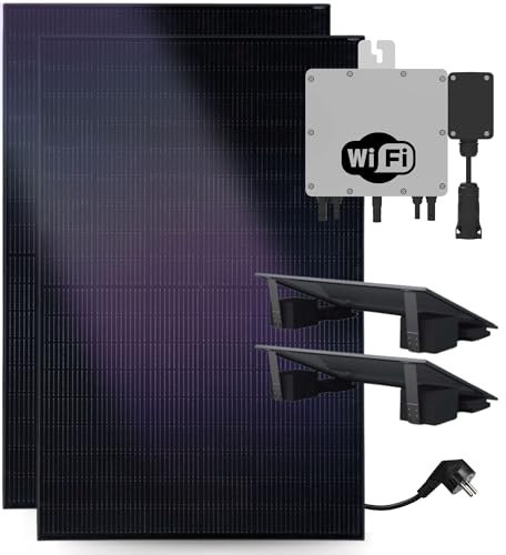 Balkonkraftwerk 800W komplett Steckdose Flachdach - KLARBEIT I 2x Balkonkraftwerk Halterung Flachdach | 2x Full Black 440w Solarpanel | 800W Wechselrichter upgradebar | Balkon Solaranlage