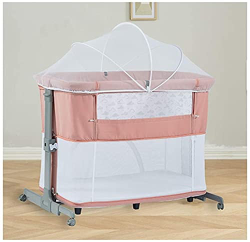 QUNINE Multifunktionales Klappbett, abnehmbares Spleißbett, 5-stufige Höhenverstellung, Halterung aus Aluminiumlegierung, mit Matratze, Moskitonetz, Aufbewahrungstasche, grau/rosa (rosa Luxus) ()