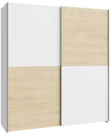 Forte Schach und MATT Kleiderschrank 170, Schrank im Schachbrettmuster mit 2 Schwebetüren, Holzwerkstoff, Weiß, Puccini Eiche Dekor, 170,3 cm breit, 190,5 cm hoch, 61,2 cm tief