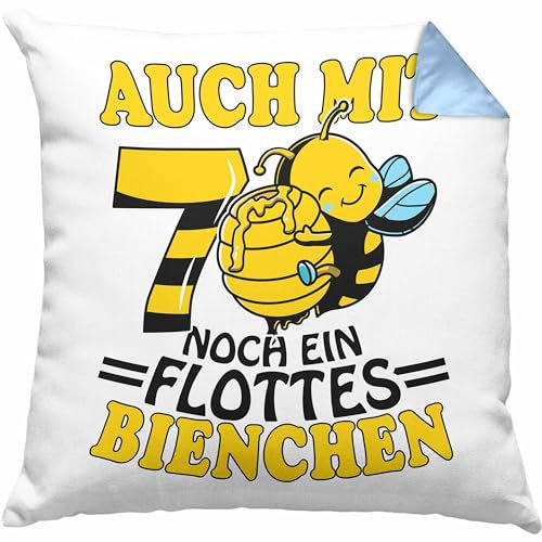 Trendation 70. Geburtstag Kissen mit Füllung 40x40 Geschenk Frauen Oma Großmutter Geschenkidee 70Er Bienen Auch Mit 70 Noch EIN Flottes Bienchen (Blau)