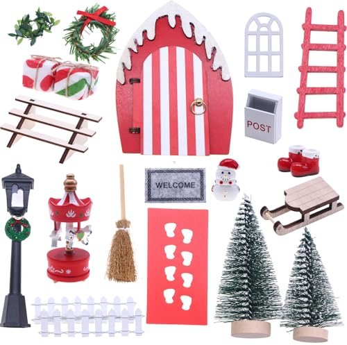 nabeta deco Weihnachtlicher Zierschmuck Wichteltür Komplettset Miniatur Weihnachten Puppenhaus Zubehör Kleine Holztür Karussell Weihnachtsstiefel (Style 1)