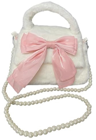 duoyif Schleife Umhängetasche Mädchen Plüsch Tasche Weiß Mit Perlenkette, Schleife Handtasche Prinzessin Umhängetasche, Plüsch Schultertasche Klein Für Mädchen Damen (Schleife weiß rosa)