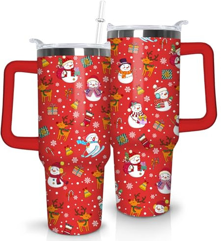 qoepfnsh Weihnachtsbecher, 1,2 l, Weihnachtsbecher mit Griff und Strohhalm, roter Schneemann, Edelstahl, isolierte Kaffeetassen, Becher, Weihnachtsgeschenke, Dekoration für Frauen und Mädchen