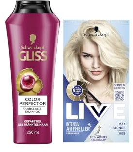 Schwarzkopf Live Aufheller Max Blonde 00B (142 ml), Blondierung ohne Gelbstich, Haare Aufhellen & Gliss Shampoo Colour Perfector (250 ml) Color Shampoo für gefärbtes Haar