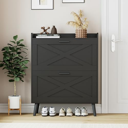 Homleke 32 W Farmhouse Shoe Storage Cabinet with 2 Flip Drawers and Barn Door Design, Adjustable Shelves, Modern Hidden Slim Narrow Shoe Rack Cabinet for Entryway, Foyer, Hallway, Living Room, Black