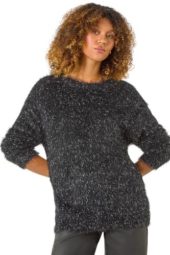 Roman Originals Fluffy Yarn Jumper for Women UK Ladies Thick Sweater Warm Cosy Chunky Knitted Pullover Winter Furry Casual Smart Textured Everyday Cuddly Soft Knitwear - Charcoal - Size 16