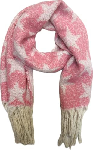 Jeamis XXL Stern Wendeschal Warmer Winter Wolle Schal Stola Tuch Übergangsschal Wolle mit Fransen Unisex Star (Rosa)