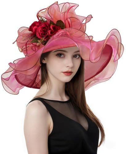 yrsZX Organza-Derby-Hüte für Damen, Hochzeit, Teeparty, Fascinator, Blumenmuster, breite Krempe, Sonnenhut, Stil 06 Fuchsia, Einheitsgröße