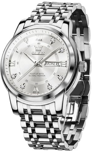 OLEVS Herren Uhren Klassisches Silber Edelstahl Band Analoger Quarz Herrenuhren Luxuriöse Diamant Groß Wählscheibe Herren Armbanduhr Freizeit Leuchtend Wasserdicht Mit Datum Herrenuhr