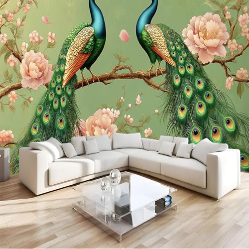 JSCWDET Fiori Di Pesco Rosa Carta da Parati Panoramica in Seta, Campione, Pavone Verde Sui Rami per Soggiorno Camera Ristorante Camera dei Bambini e Decorazione da Parete