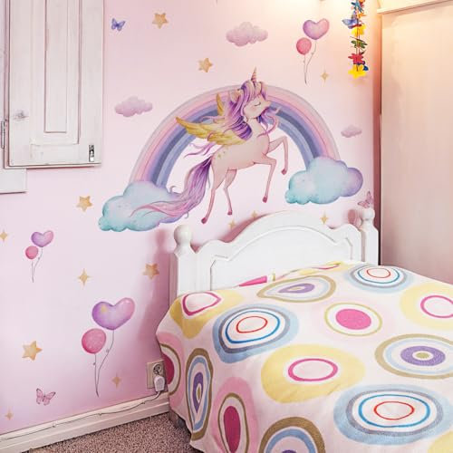 Wandtattoo Regenbogen Einhorn Groß Wandaufkleber Wolken Rosa Herze Schmetterling Mädchen Wandsticker Wanddeko für Mädchenzimmer Kinderzimmer Babyzimmer Schlafzimmer Wohnzimmer