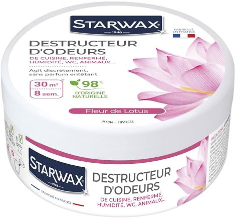 STARWAX - Destructeur d'odeurs - Elimine les odeurs de cuisine, de renfermé, d'humidité, WC, animaux - Jusqu'à 8 semaines - 98% d'origine naturelle - Parfum fleur de lotus - Fabriqué en France