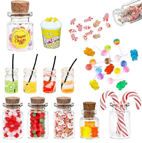 Weihnachten Wichtel Zubehör,14 Stück Miniatur Weihnachten Süßigkeiten und Trinken Set,Mini Essen Getränke,mit Lolli Gummibärchen,Miniatur Spielzeug für Miniatur Süßigkeitenglas
