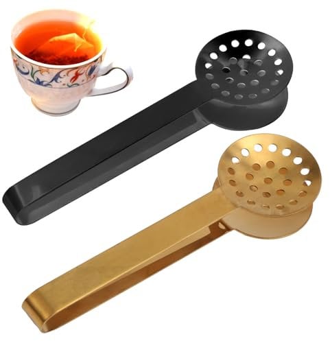 2pcs Tea Bag Squeezer Tongs, Stainless Steel Teabag Strainer Holder Dispenser Tool Gripper Picker Spoon Clip Accessories for Tea Drinkers Gifts(Black, Gold)