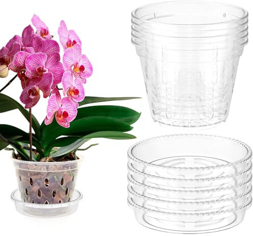 5Pcs Clear Orchid Pot with Drainage Holes, Plastic Slotted Orchid Pots with Saucers, Breathable Flower Plant Pot Nursery Pots for Orchids Repotting Kit (4 inch)