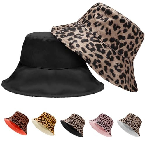 LUKIUP Reversibler Leopardenmuster Fischerhut Damen Herren Sommer Sonnenhut, Faltbarer Bucket Hat Anglerhut mit Sonnenschutz für Sommer, Urlaub, Wandern, Strand, Einkaufen(Schwarz+Grau)