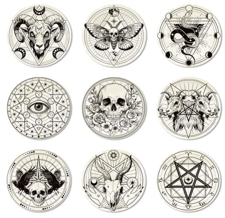ANATTASOUL Wood Coasters Set of 9 for Drinks Satan Goat Skull Colorful Wooden Cup Mat for Coffee Table Decor, 3.9 Desk Coasters for Home, Apartment, Office, Bar Gifts