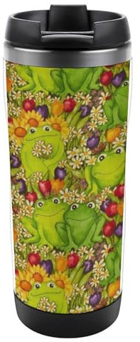 Qjjinxior 13oz/380ml Stainless Steel Insulated Travel Coffee Cup, Frog Travel Mug with Leakproof Lid, Non-Slip Bottom