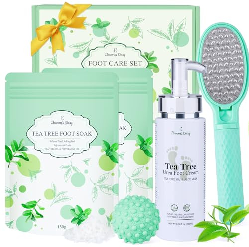 Set de Baño de Pies con Árbol de Té, Eleanore's Diary SPA Regalo Mujer, Kit de Pedicura 4 PCS - Sales, Crema, Lima para Pies y Bola de Masaje, Formulado para Pie Secos y Agrietados, Regalos para Mamá