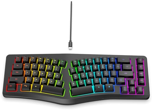 Plyisty Ergonomische Tastatur, RGB-Backbeleuchtung 69-Taste-Kabel-Tastatur mit Geteiltem Design für Komfortable Tippen, Stille Tasten, Büro-Home-PC-Gaming-Tastatur, USB-Kabel (Black)