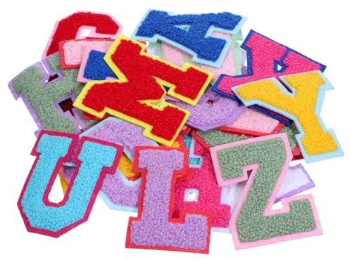 YBEATY 26 PCS Self Adhesive Letter Patches A-Z Chenille Letters Stickers Embroidered Applique Patches Multicolor Self Adhesive Stickers DIY Cloth Accessories for Clothes Bags Hat Phone Case