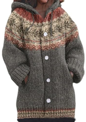 Genérico Cárdigan Mujer Largo con Capucha Elegante, Suéter de Punto Oversize Estampado Digital 3D Halloween Navidad, Abrigo Otoño Invierno Cuello en V, Chaqueta de Punto Casual con Botones