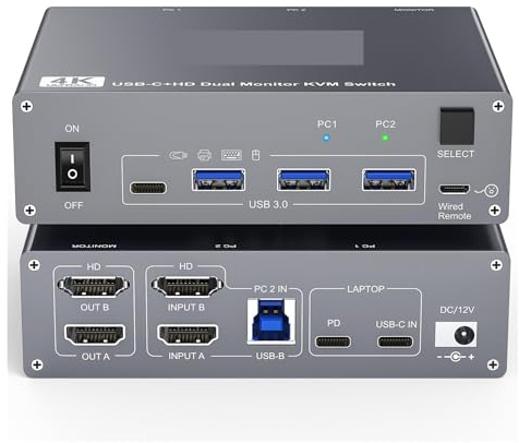 KVM-Switch 2 Monitore 2 Computer 8K60Hz, 4K144Hz, und Displayport Dual-Monitor-KVM-Switch mit 4 USB 3.0 for Tastatur,Reibungslos umgeschaltet