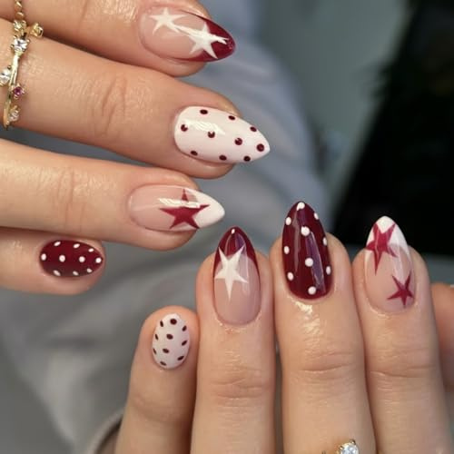 24PCS Wine Red Press On Nails, Almond Star and Polka Dot Design | Glossy finish, retro mixed patterns, almond-shaped false nails, for daily wear, parties and special occasions