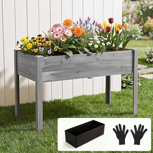 Warmiehomy Wooden Raised Garden Bed with Gloves and Liner, Elevated Garden Planter Box with Legs, Outdoor Raised Bed for Vegetables, Flowers, Herbs, 110.5 X 59 X 76.5 cm, Grey