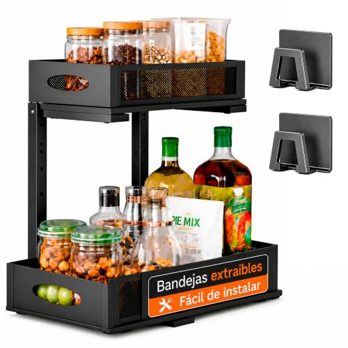 Organizador Bajo Fregadero Metal Negro Doble Altura y Bandejas Extraíbles