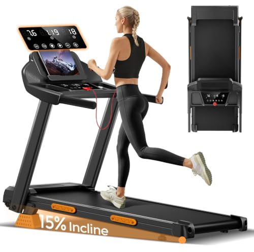 UMAY Tapis de Course Pliable Inclinable 15%, Tapis de Marche Inclinable 12KM/H, Treadmill Home avec Moteur 3,0CV et Affichage LED, Charge Max. 136KG, Idéal pour Appartement
