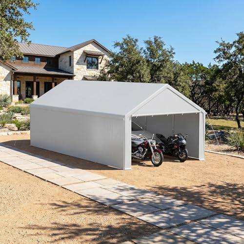 VA-Cerulean Carport Zeltgarage 4x8m, Lagerzelt mit wetterfester PE Plane, Garagenzelt mit verzinktem Stahlrahmen, mit Erdankern und Abspannseilen, Unterstand für Auto, Geräte und Gartenbedarf, Grau