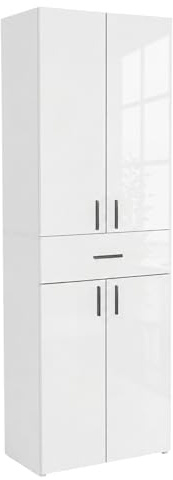 ComfortCove Badezimmerschrank mit Schublade und 4 Türen, Weiß Hochglanz | Hochschrank für Badezimmer, Badschrank Schmal, Badmöbel, Freistehender Aufbewahrungsschrank, Regal für Küche und Wohnzimmer