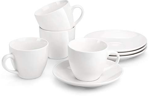 Miware 227 ml Porzellan Cappuccinotassen mit Untertasse, ideal für Kaffeespezialitäten, Latte, Café Mokka und Tee, Weiß