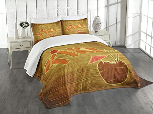 ABAKUHAUS Tiki Bar Couvre-lit Matelassé, Bois Planche Aloha, Décoratif 3 Pièces avec 2 Taies d'Oreillers, Twin, Marron Orange Rose