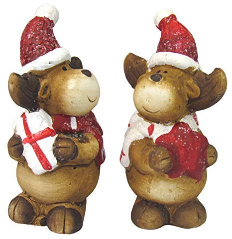 Weihnachtsfiguren - Weihnachtsdeko - 2er Set Dekofiguren aus Keramik, Handbemalt (Elch mit Stern und Paket)