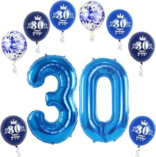 XL Folienballon 30 Geburtstag, Folienballon Zahl 30, Zahl 30 Blau, Luftballons 30, Nummer 30 Luftballon Blau, 32 Geburtstagsdeko Ballon 30