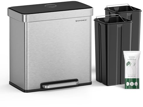 SONGMICS Kitchen Trash Can, 16 Gallon (2 x 8 Gallon) Dual Compartment Garbage Can, 60L Pedal Recycling Bin, Stays Open and Soft Close, Stainless Steel, 15 Bags Included, Metallic Silver ULTB202E01