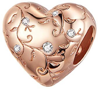 FeatherWish Flower Vine Engraved Heart Bead Charm 925 Sterling Silver With Cubic Zirconia Compatible With Pandora Charm Bracelets Gift For Women Mum Sister Wife Daughter (Rose Gold)