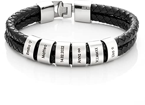 MYCLUSIV® Personalisiertes Lederarmband Herren mit Namen auf Silbernen Beads - Armband mit Gravur - Geschenk für Männer - Männerarmband - Geschenk Papa